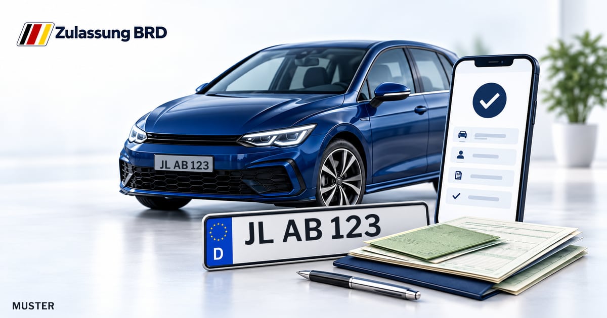 Online Fahrzeugzulassung in Genthin: Musterkennzeichen JL AB 123, Auto und Fahrzeugpapiere und Smartphone. Illustration mit Logo von Zulassung BRD.